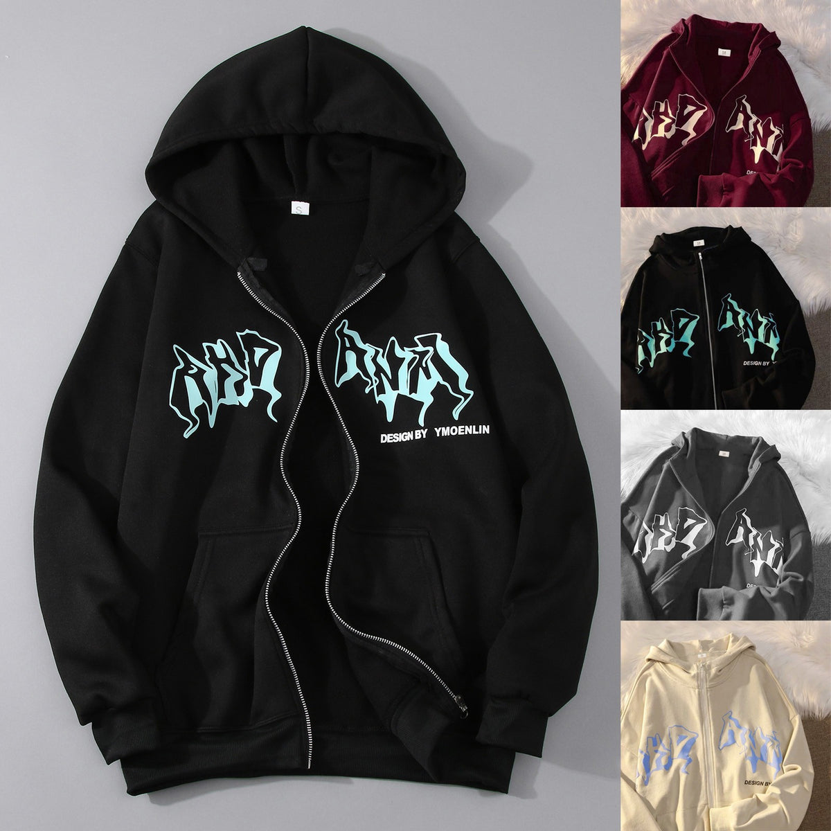 Vintage Zip Up Hoodies Women Harajuku Casual Letter Print Long Sleeve Loose Hooded Sweatshirts Goth Streetwear Jackets Coats Y2k